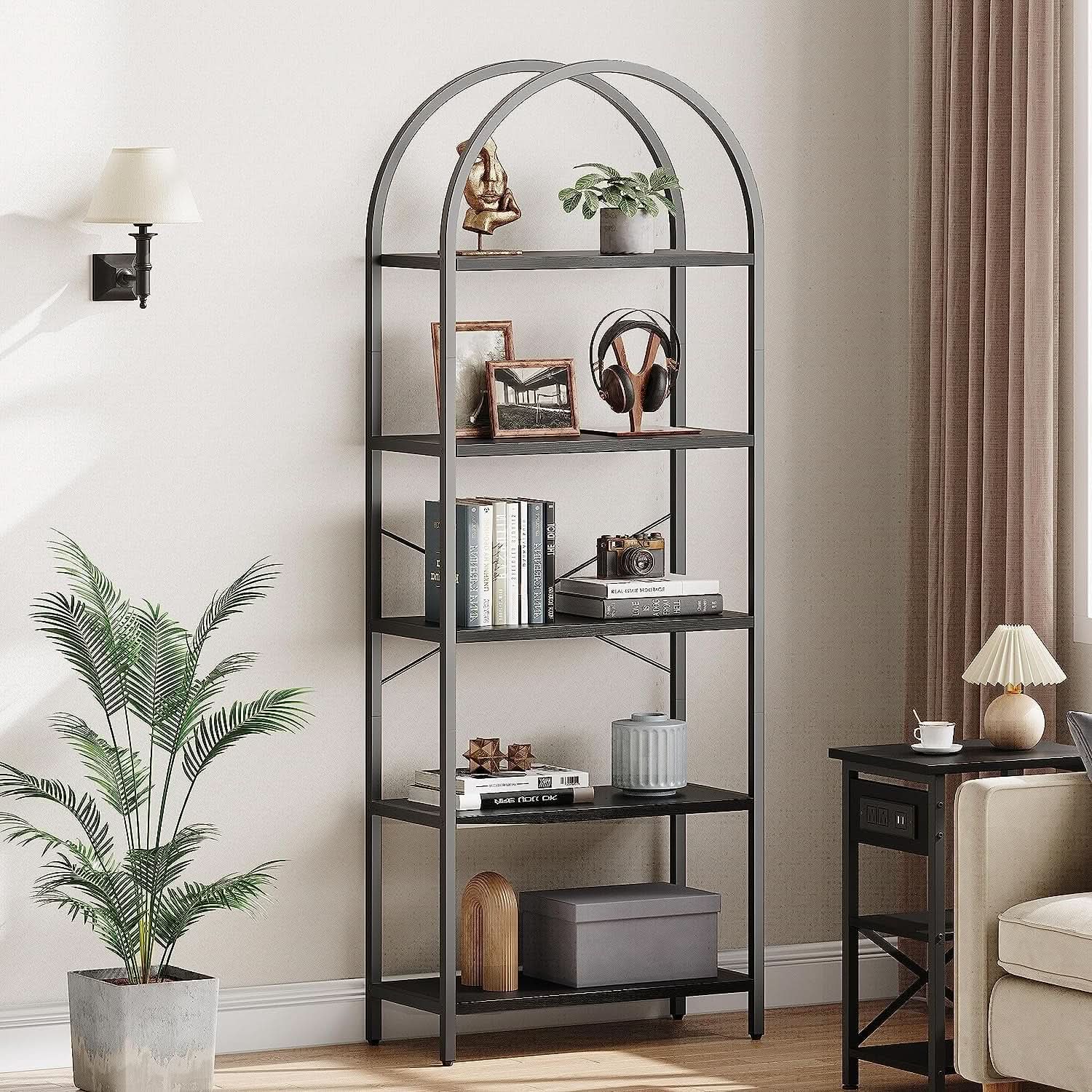 Tall Black Arched Bookcase With 5 Open Shelves For Living Room from PriceLows™