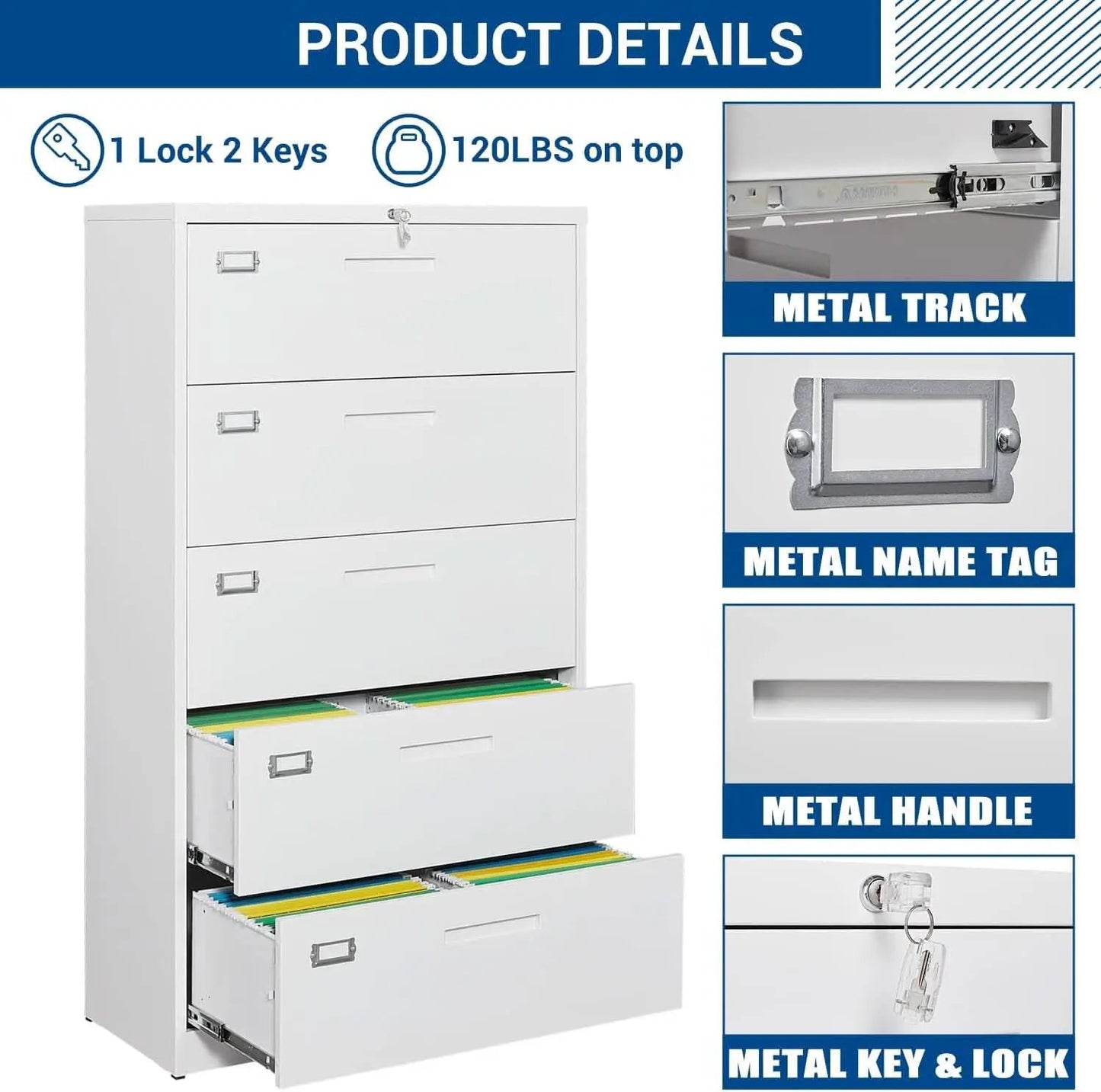Lateral File Cabinet White 5 Drawer Lockable Office Storage from PriceLows™