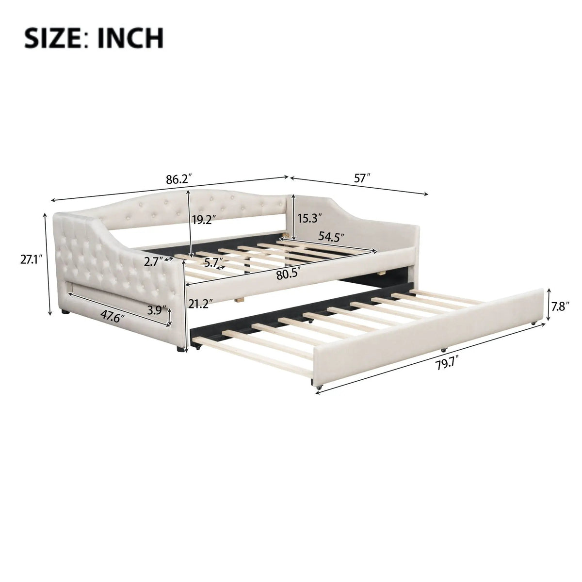 Daybed With LED Lights | Upholstered Trundle Daybed | Thickly Padded Sponge | 84 Inch Length