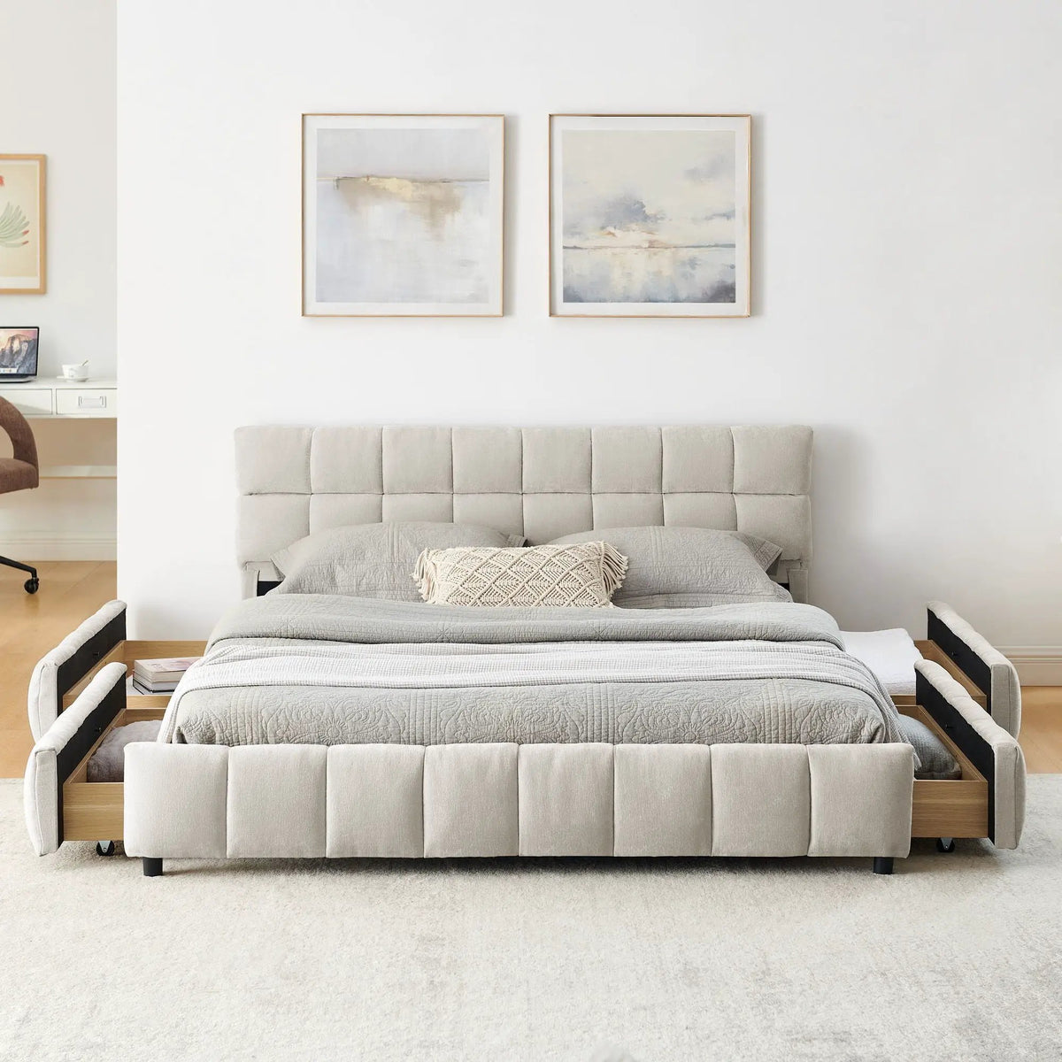 Modern Platform Storage Bed Frame | Thick Fabric Upholstery | Soft Headboard | Solid Construction