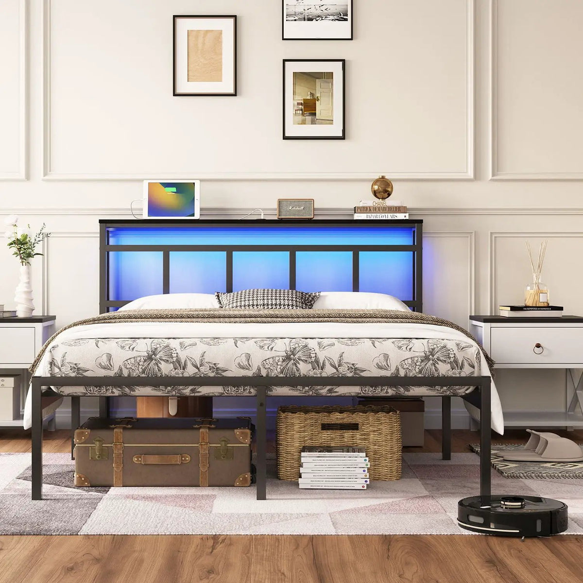 Platform Bed Frame With Storage Headboard | USB C Charging Station | RGB LED Light Strip | 81 Inch Length