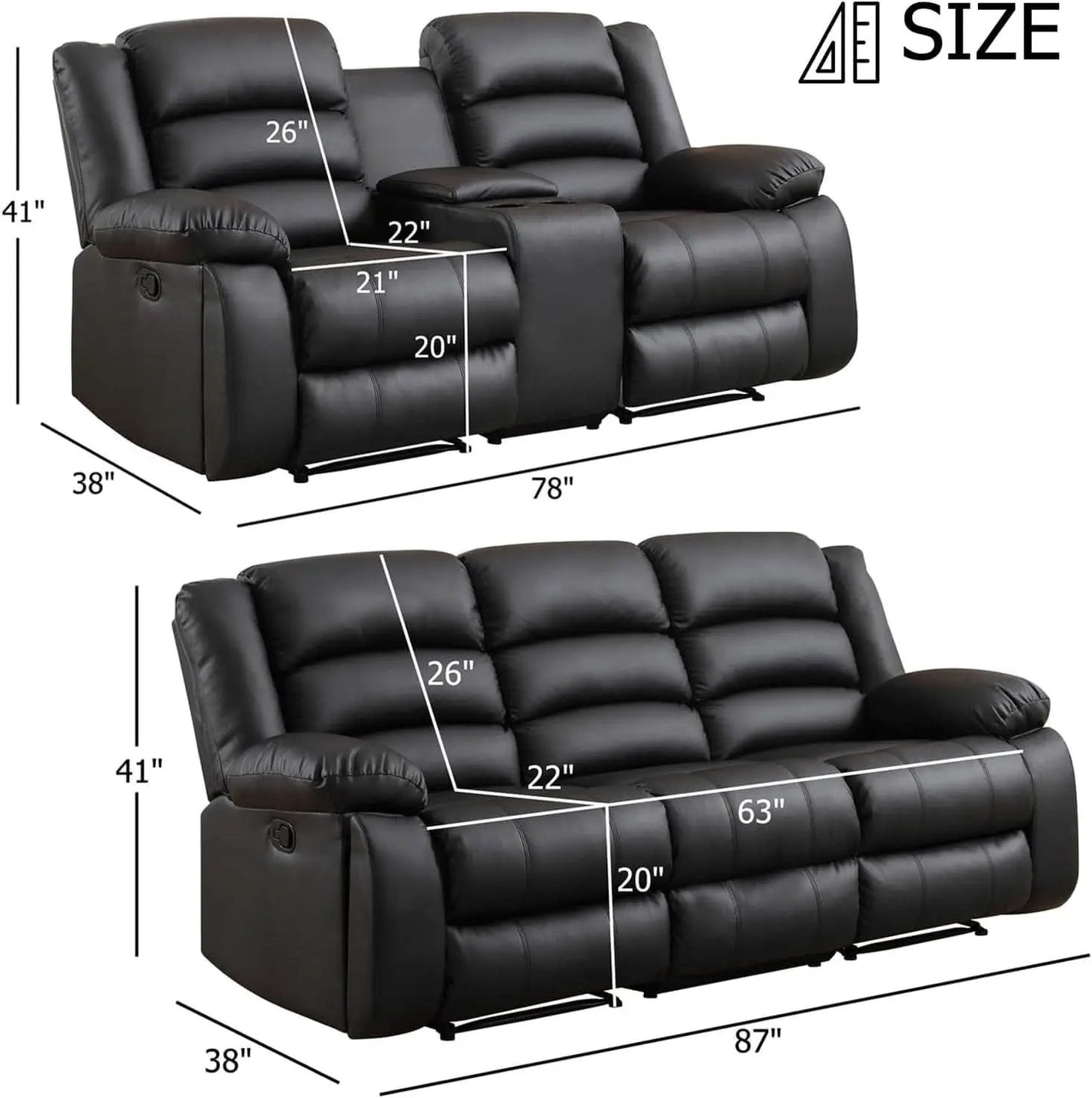 Black Faux Leather Manual Recliner Sofa Set With Loveseat from PriceLows™