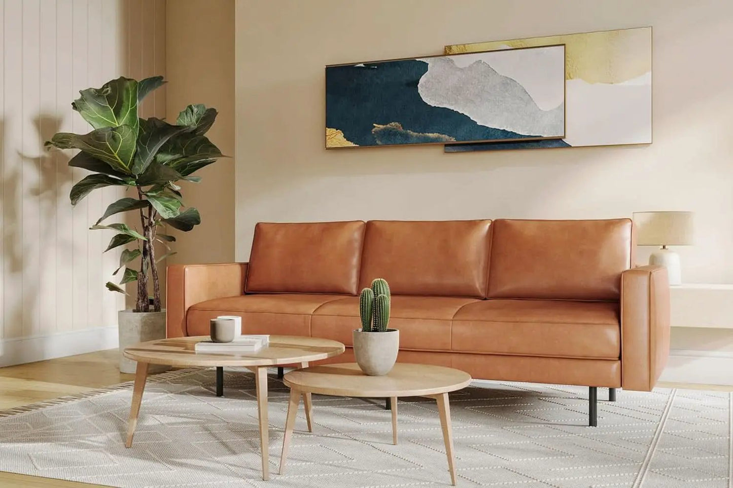 Leather Sofa 90 Inch Cognac Tan Brown Italian Nappa from PriceLows™