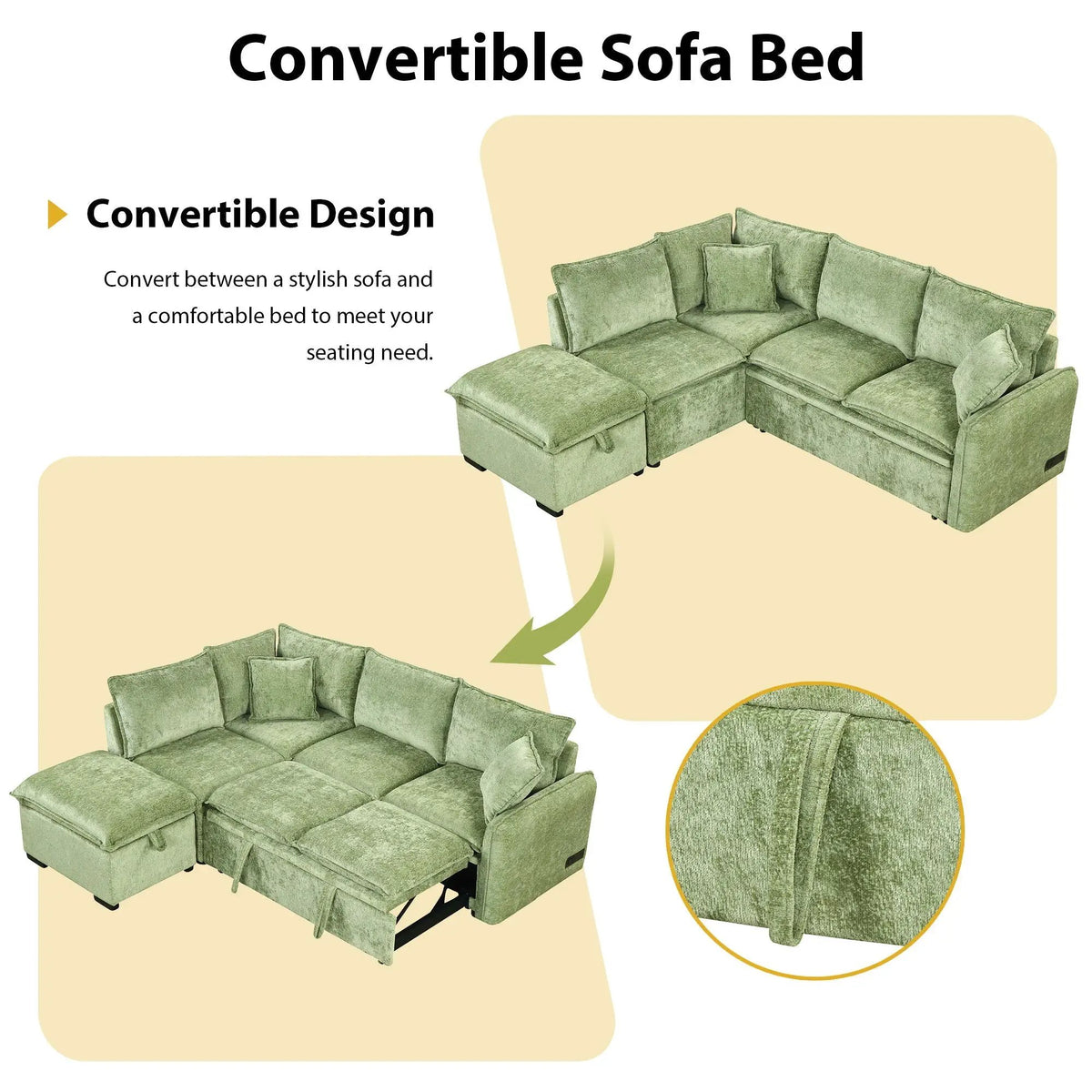 Convertible Sofa Bed | L Shaped Sectional | Storage Ottoman | Two USB Ports