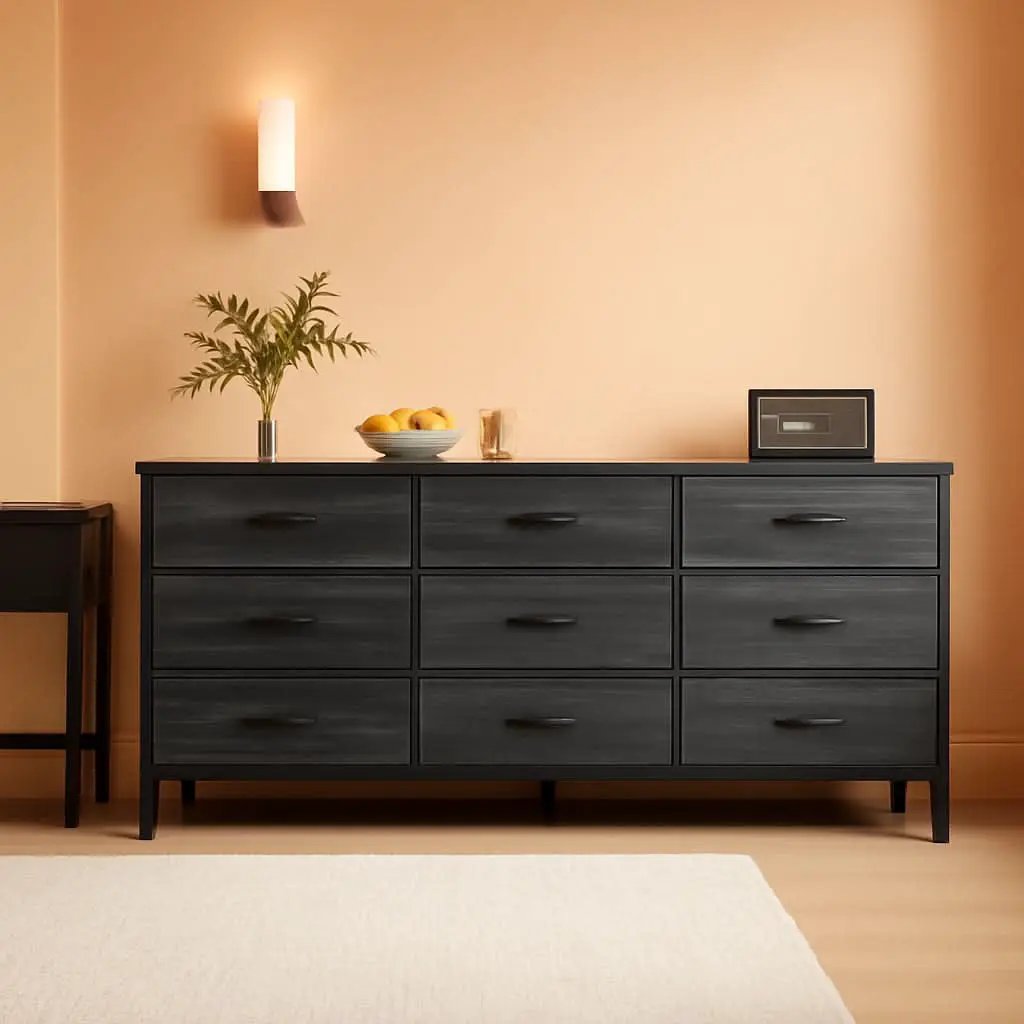 9 Drawer Dresser TV Stand 55 Inch Charcoal Black Wood Grain from PriceLows™