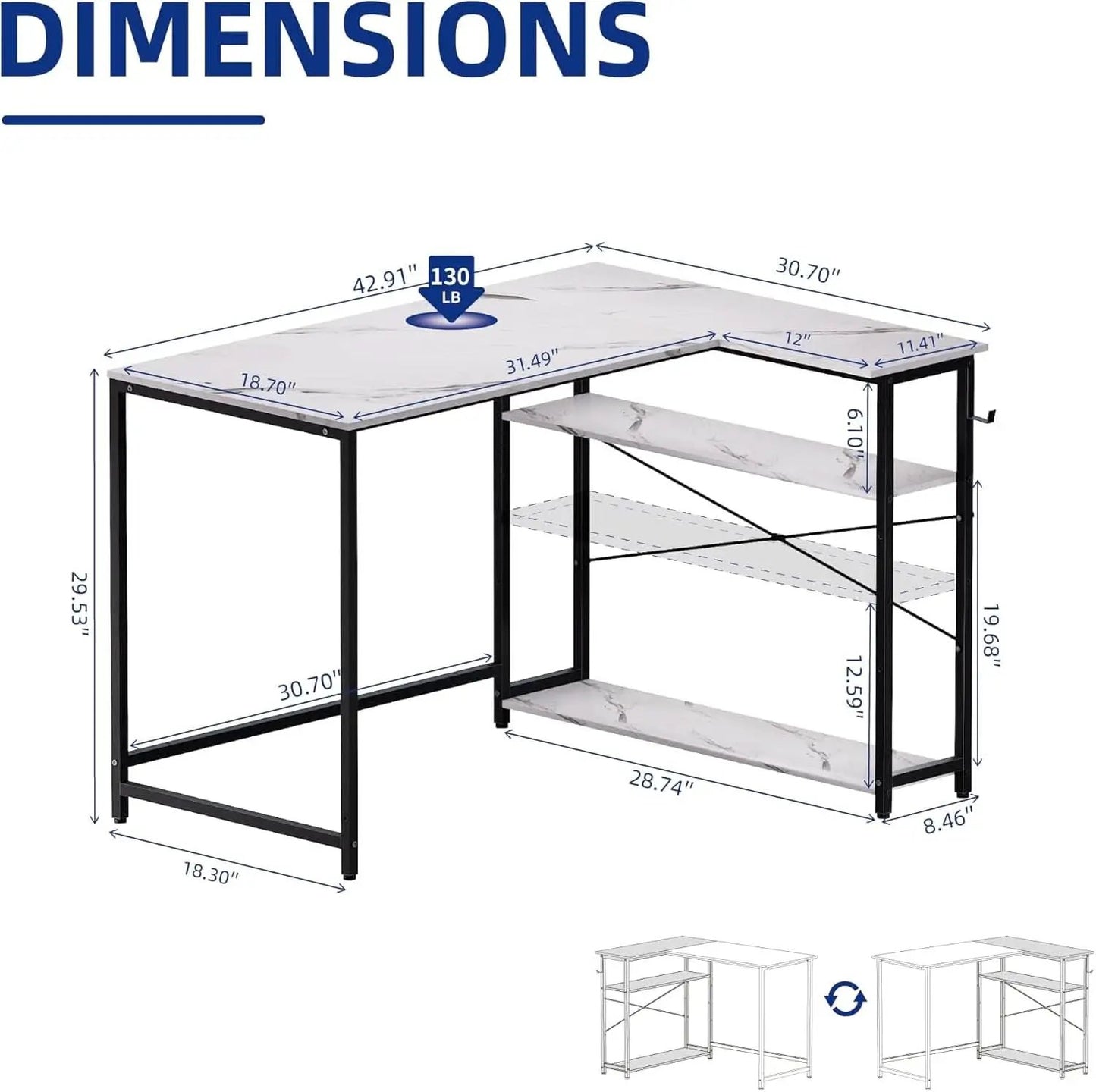 43 Inch L Shaped Computer Desk White Marble Home Office from PriceLows™