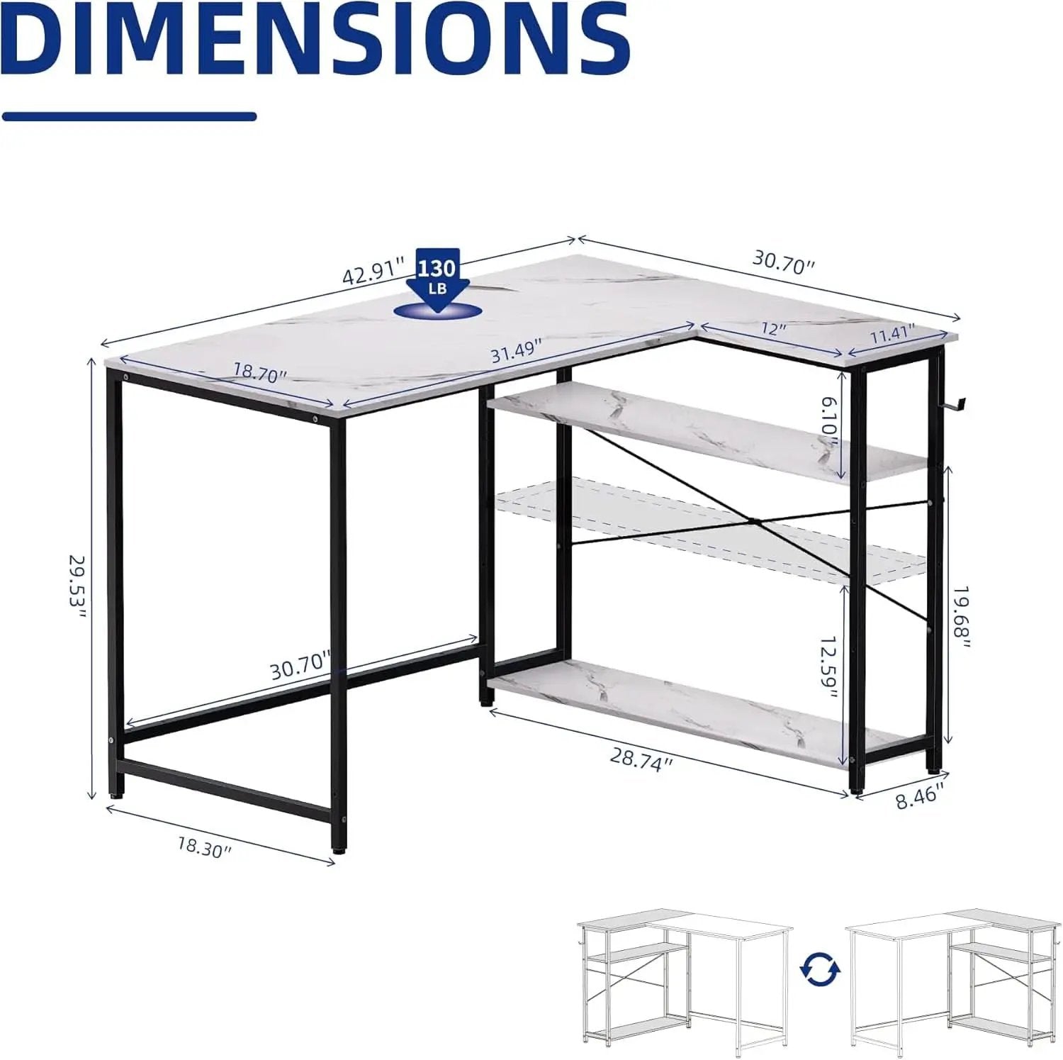 43 Inch L Shaped Computer Desk White Marble Home Office from PriceLows™