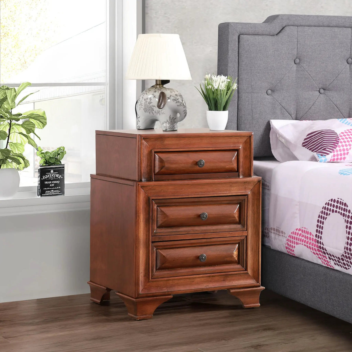 Storage Nightstand | 3 Drawer | Oak Finish | Pre Assembled