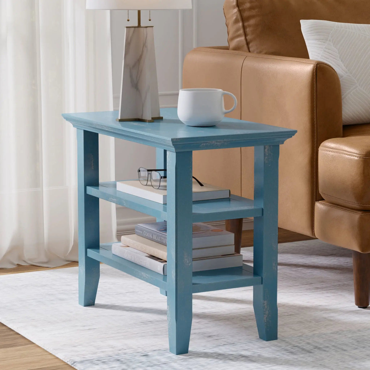 Acadian Narrow Side Table | Handcrafted Solid Wood | 2 Open Storage Shelves | 24 Inch Height