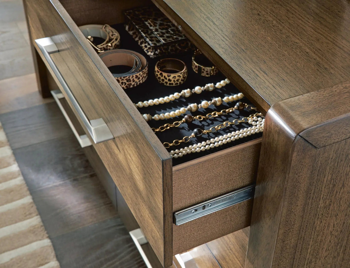 Marxmore Three Drawer Nightstand | Charging | Brown | Lined Top Drawer