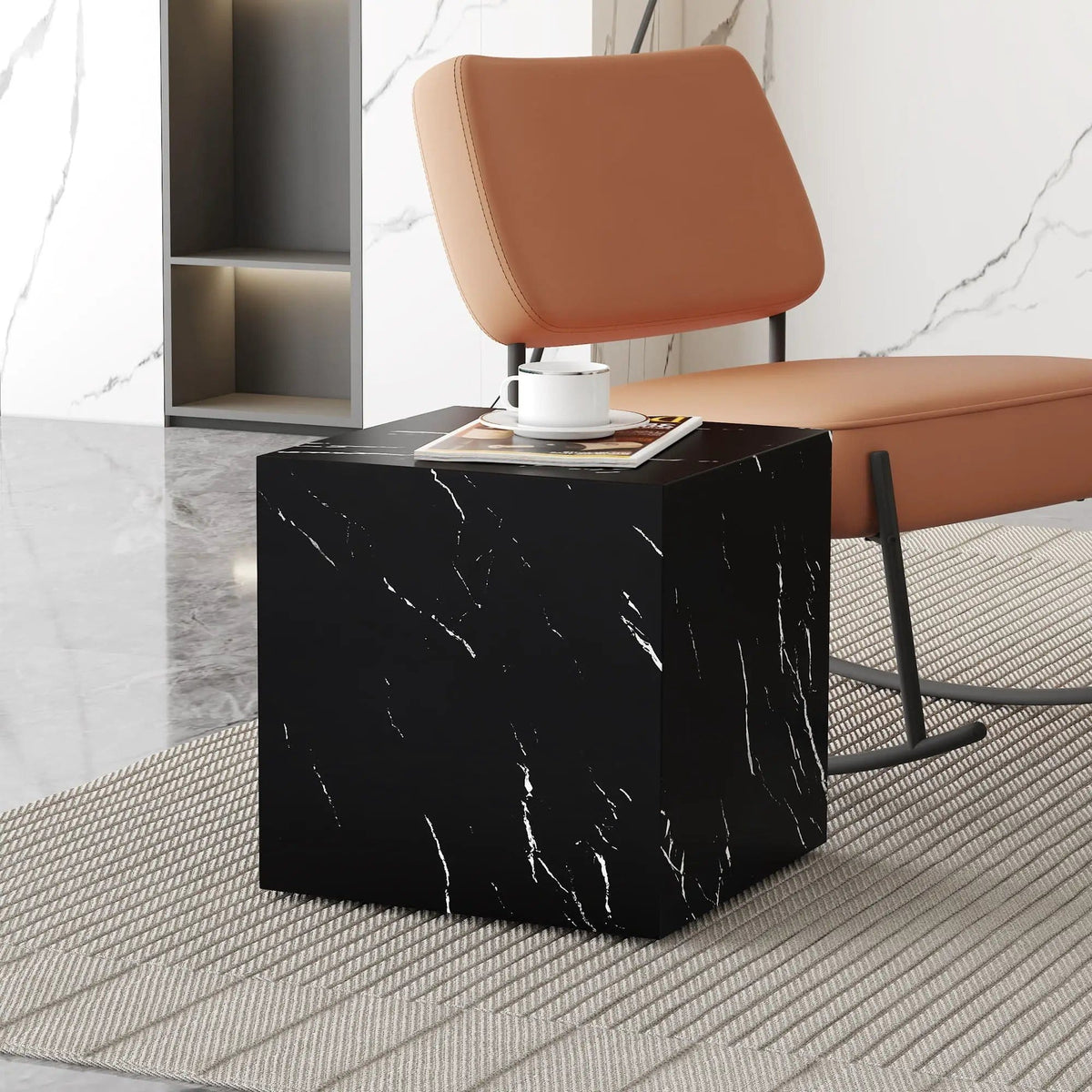 Luxurious Marble Texture Coffee Table Cube Design Elegant Living Room Accent - | 15.7 x 15.7 x 15.7 in | Marble & Mdf | Black