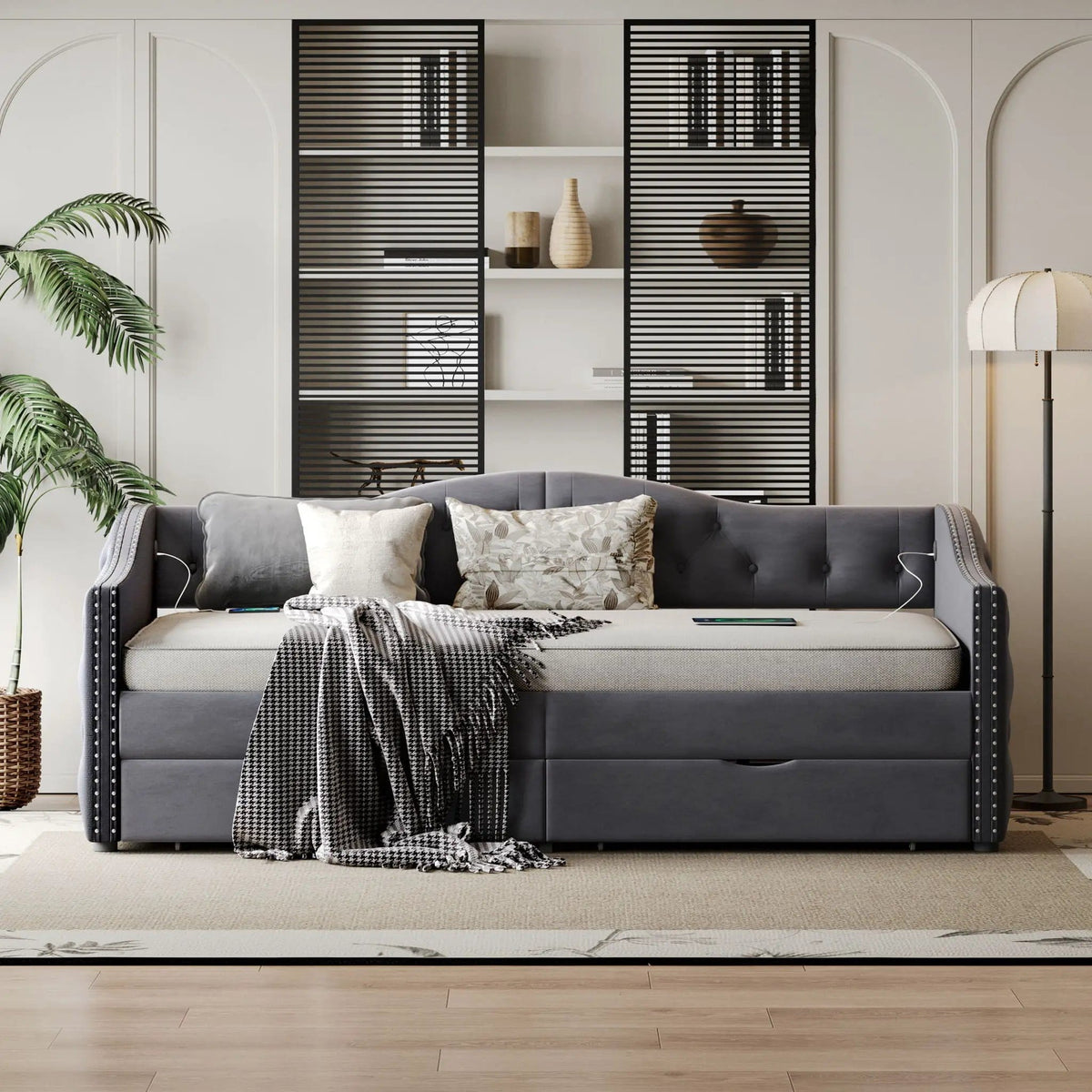 Full Size Bed Frame, Upholstered Cloud Bed Frame With Headboard, 2 Storage Drawers | 80 x 55.5 x 23.6 in | Linen & Wood | Gray