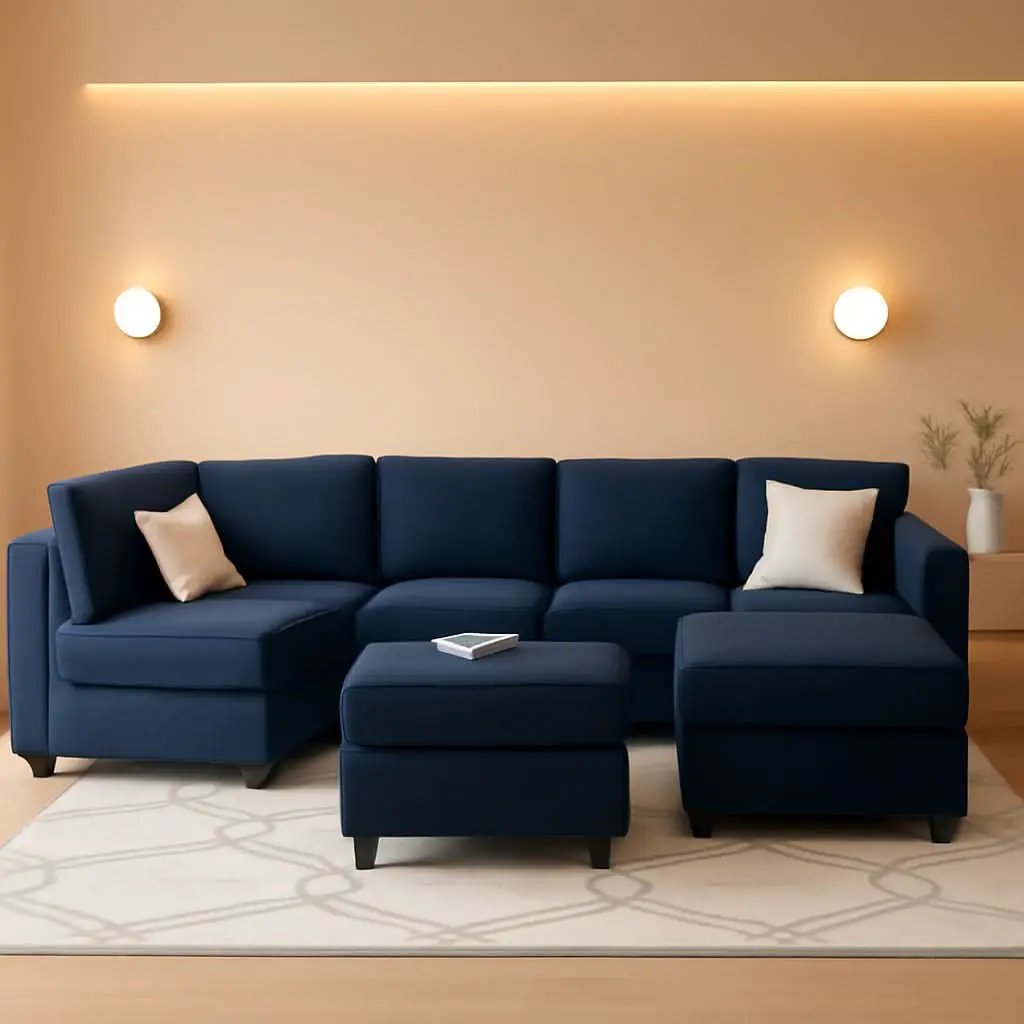 Modular Velvet Sectional Sofa Blue With Storage Ottoman from PriceLows™