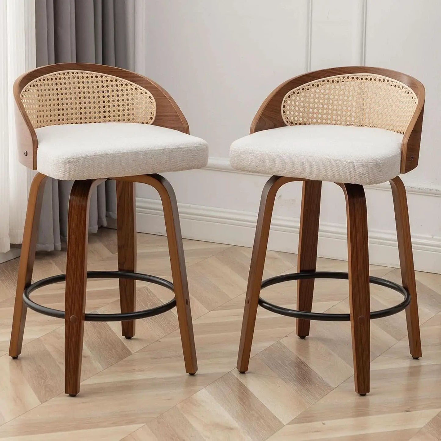 Set Of Two 25 Inch Beige Rattan Swivel Counter Stools With Linen Upholstery Mid Century Modern from PriceLows™