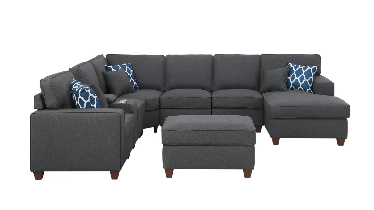 Tina 8-Piece Sectional | Upholstered Design | Ottoman Included | USB Cupholder Console