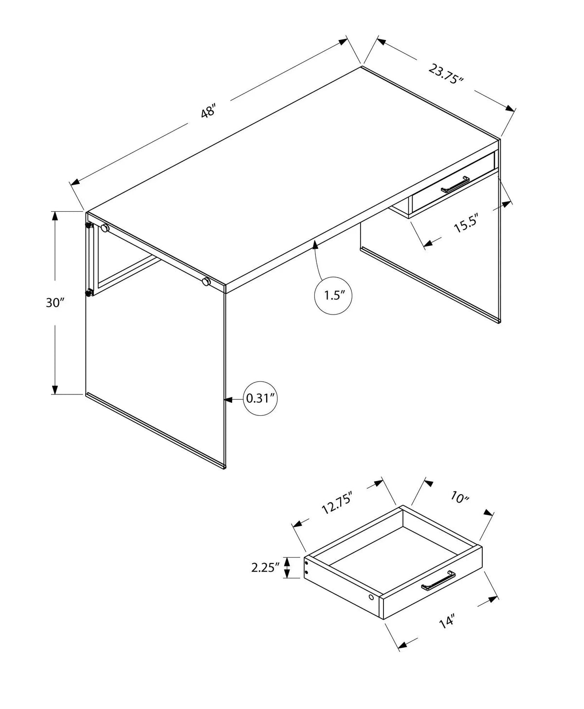 Contemporary Computer Desk | Tempered Glass Frame | Storage Drawers | 48 Inch Length