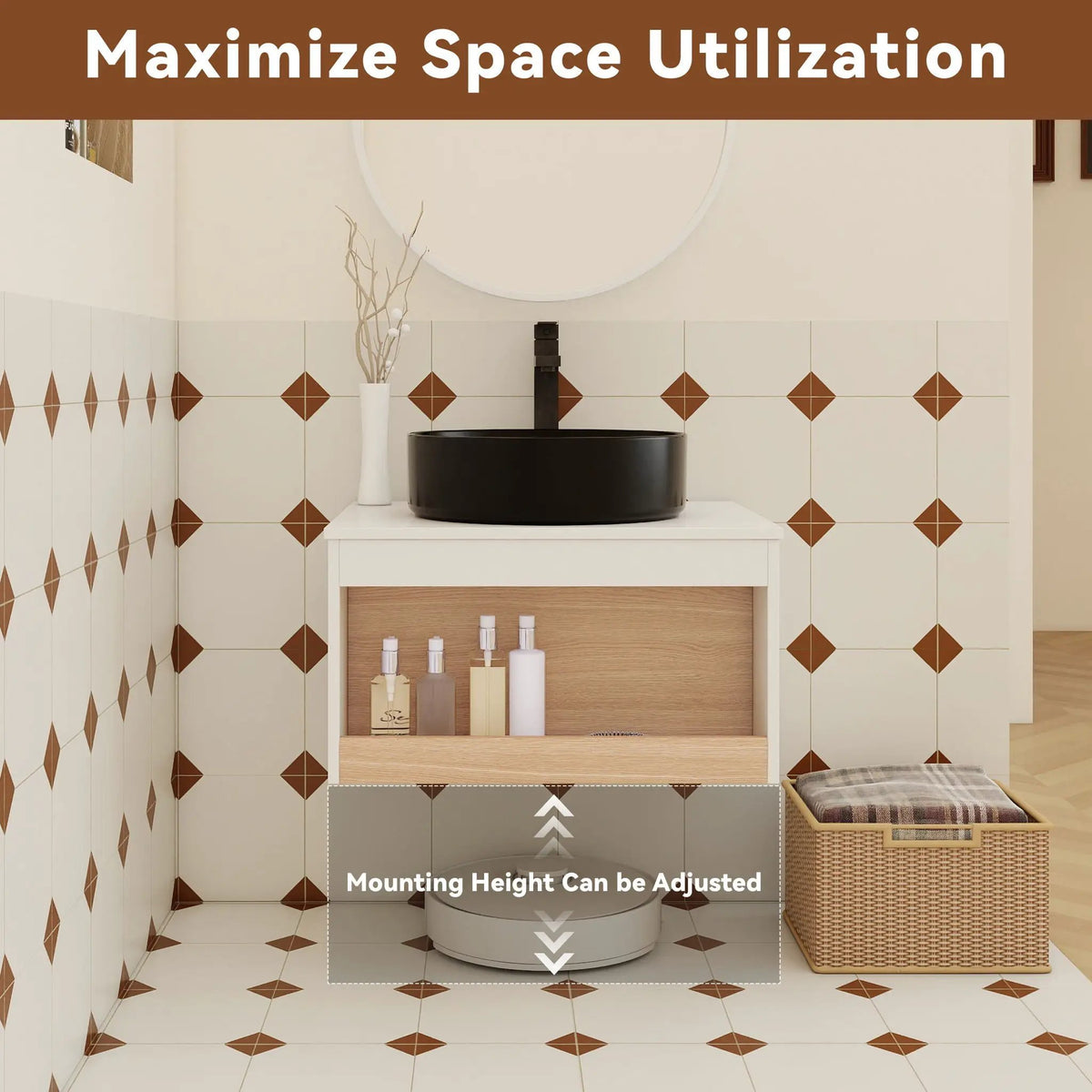 Floating Bathroom Vanity | Round Glossy Sink | Wall Mounted | Compact Design