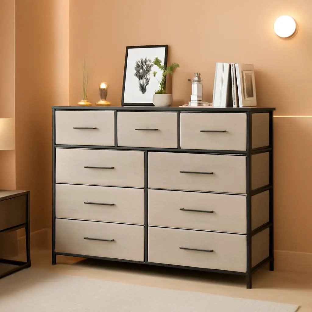 Grey 4 Drawer Dresser With Wood Top And Nightstand from PriceLows™