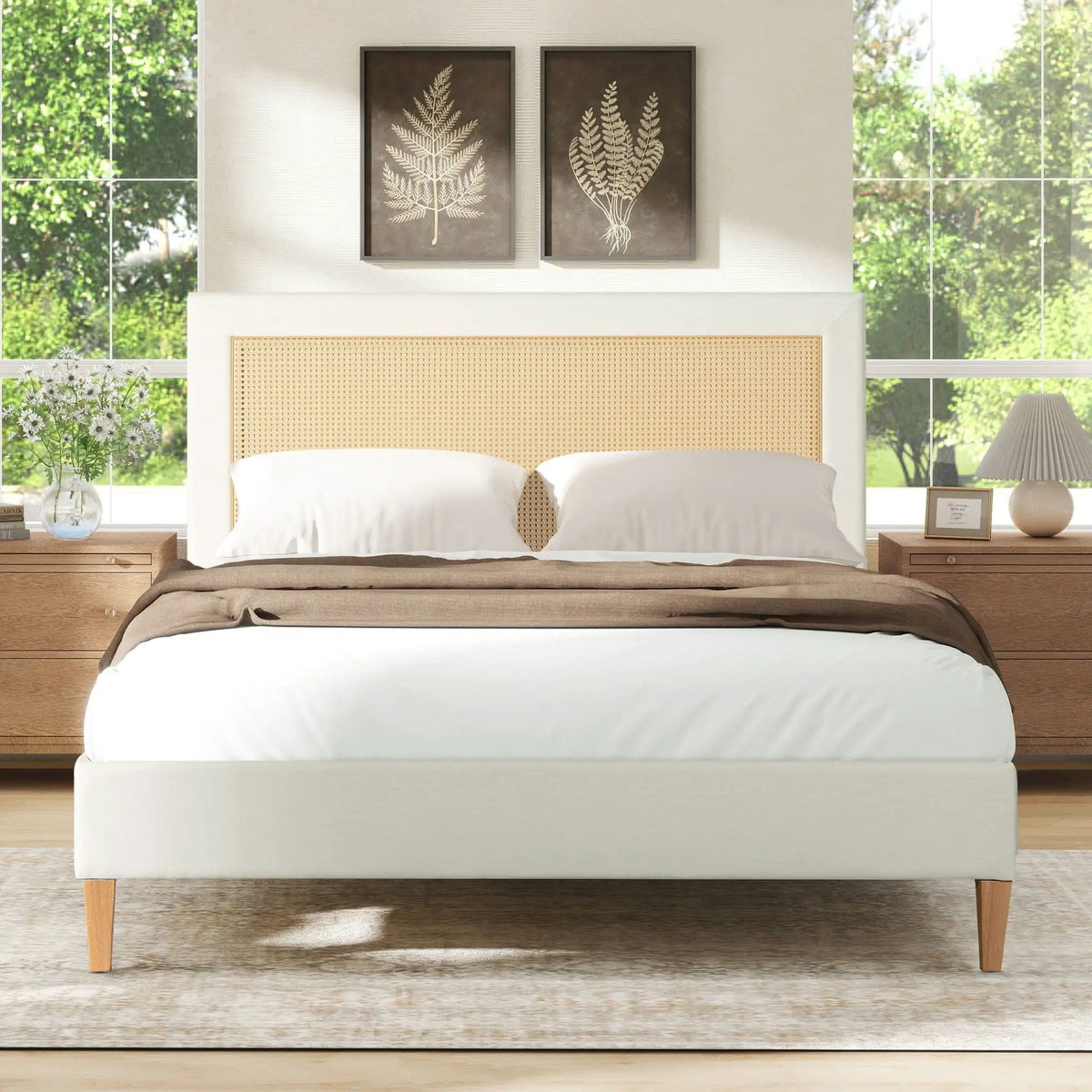Haley Upholstered Cane Back Platform Bed | 2 Pieces | Solid Wood & Wicker | Bedroom