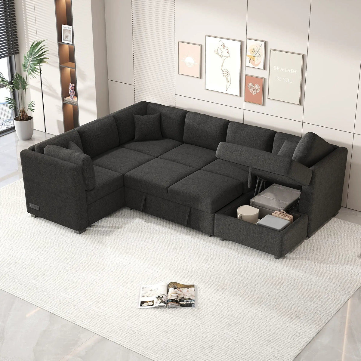 U-Shaped Sectional Sofa Pull Out Sofa Bed With Two USB Ports, Two Power Sockets | 3 Pieces | Fabric | Bedroom