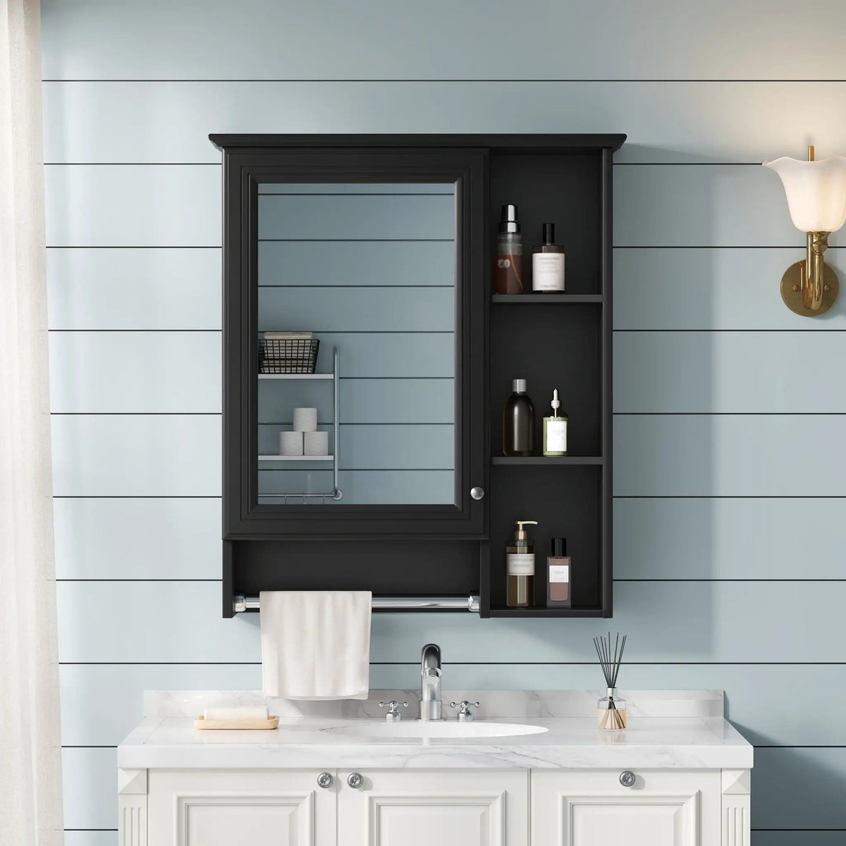 3-In-1 Bathroom Mirror Cabinet | Adjustable Shelf | Towel Bar | Full-Length Mirror