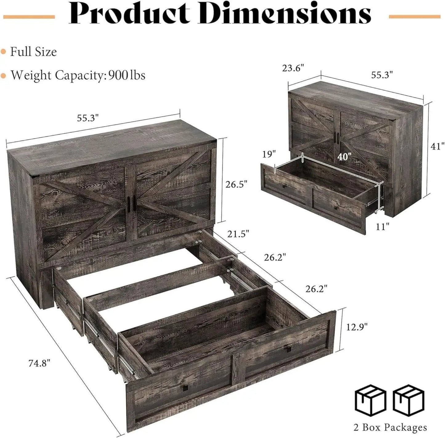Black Oak Murphy Bed Cabinet With USB Charging Station Queen Size from PriceLows™