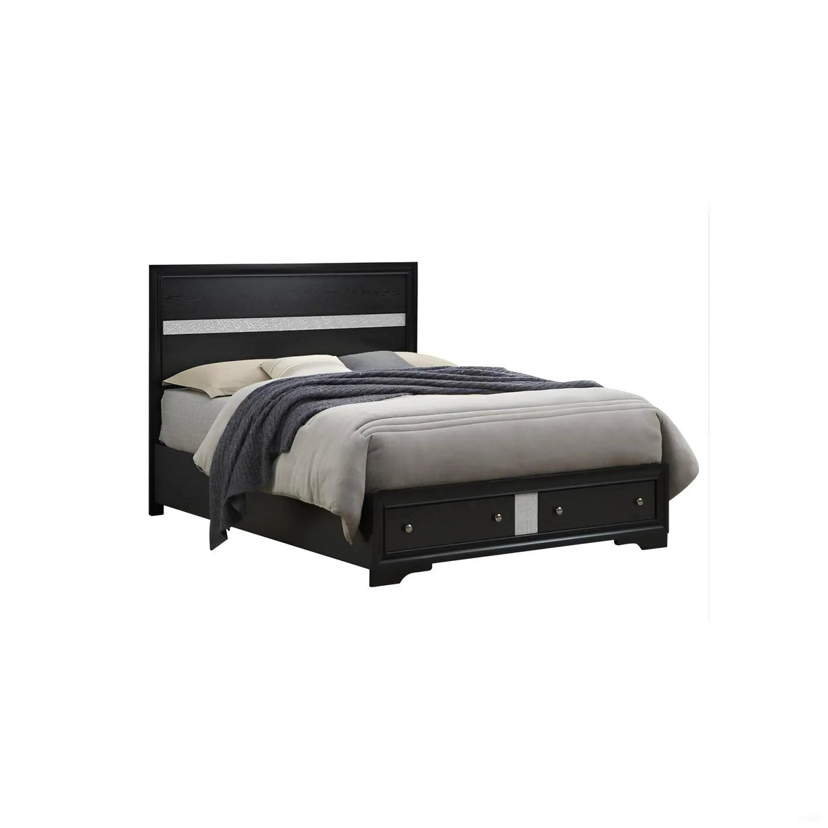 Madrid Queen Storage Bed | Two Built-In Drawers | Nickel Handles | Black Wood Grain Finish