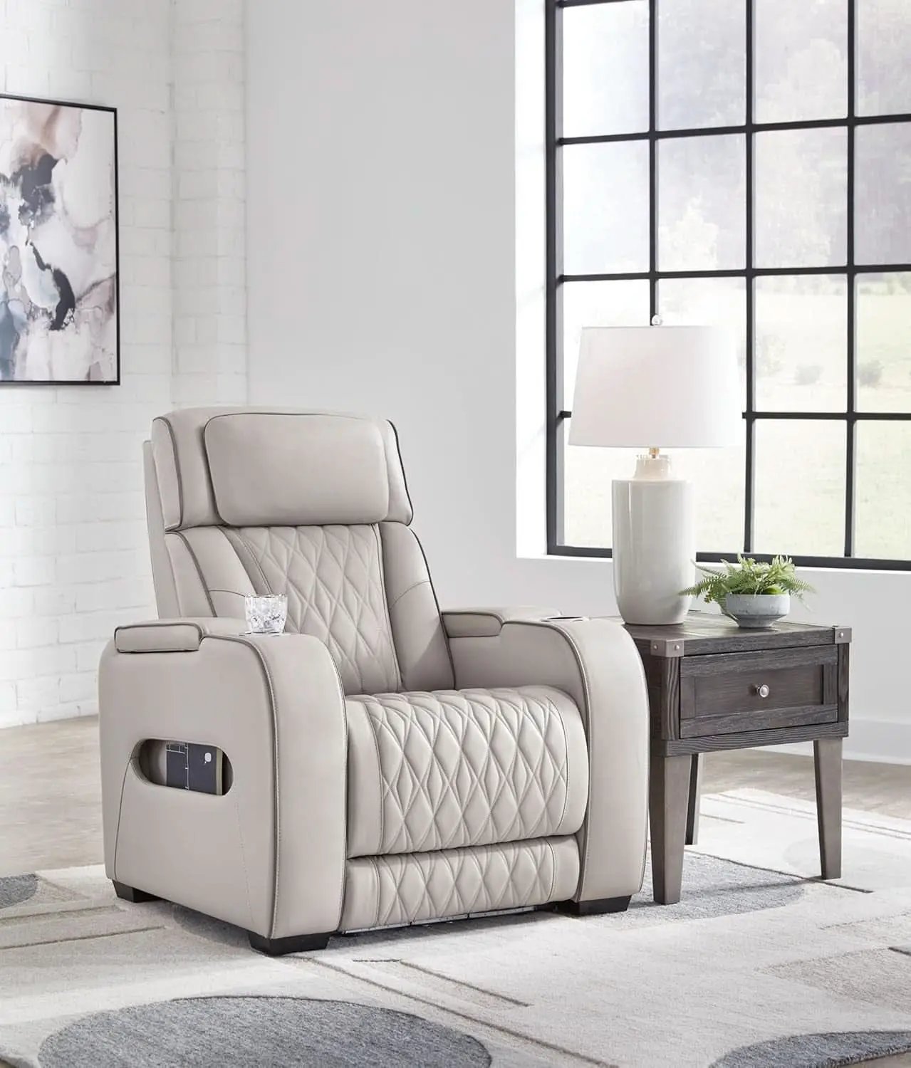 Light Gray Leather Power Recliner With Adjustable Headrest from PriceLows™