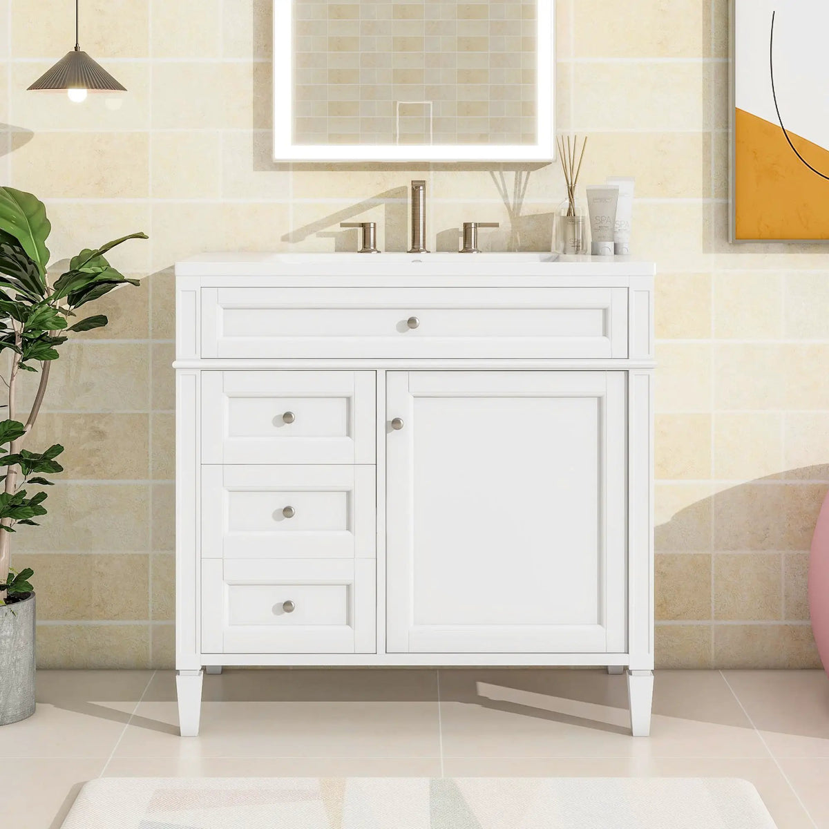 36 Inch Bathroom Vanity With Top Sink | 3 Drawers | Metal Drawer Slides | Ceramic Sink