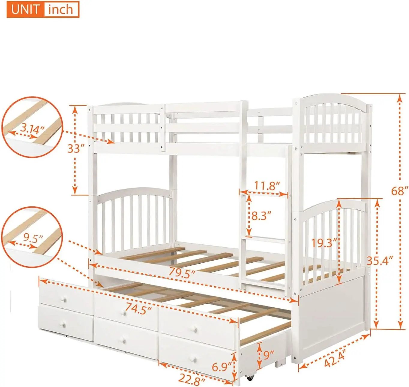 Twin Over Twin Bunk Bed With Trundle And Drawers White from PriceLows™