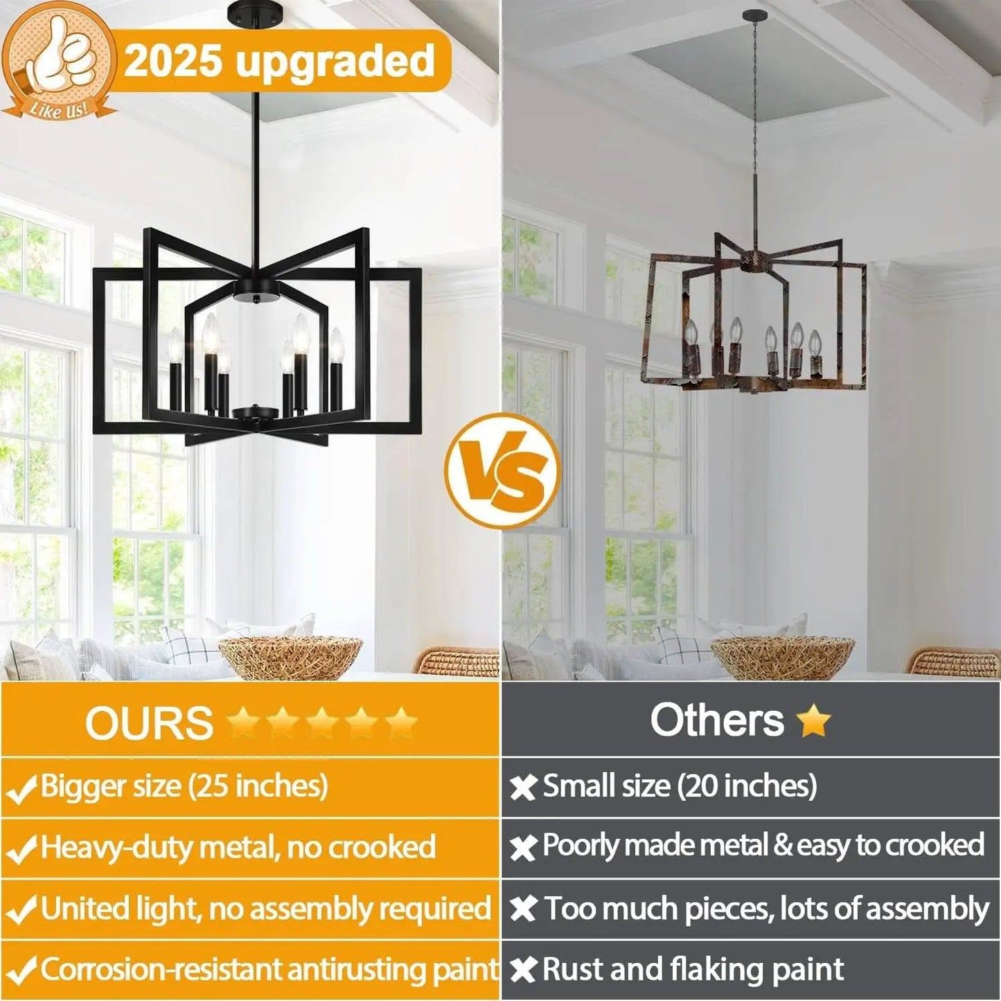 Black 6 Light Chandelier 25 Inch Geometric Square Frame from PriceLows™