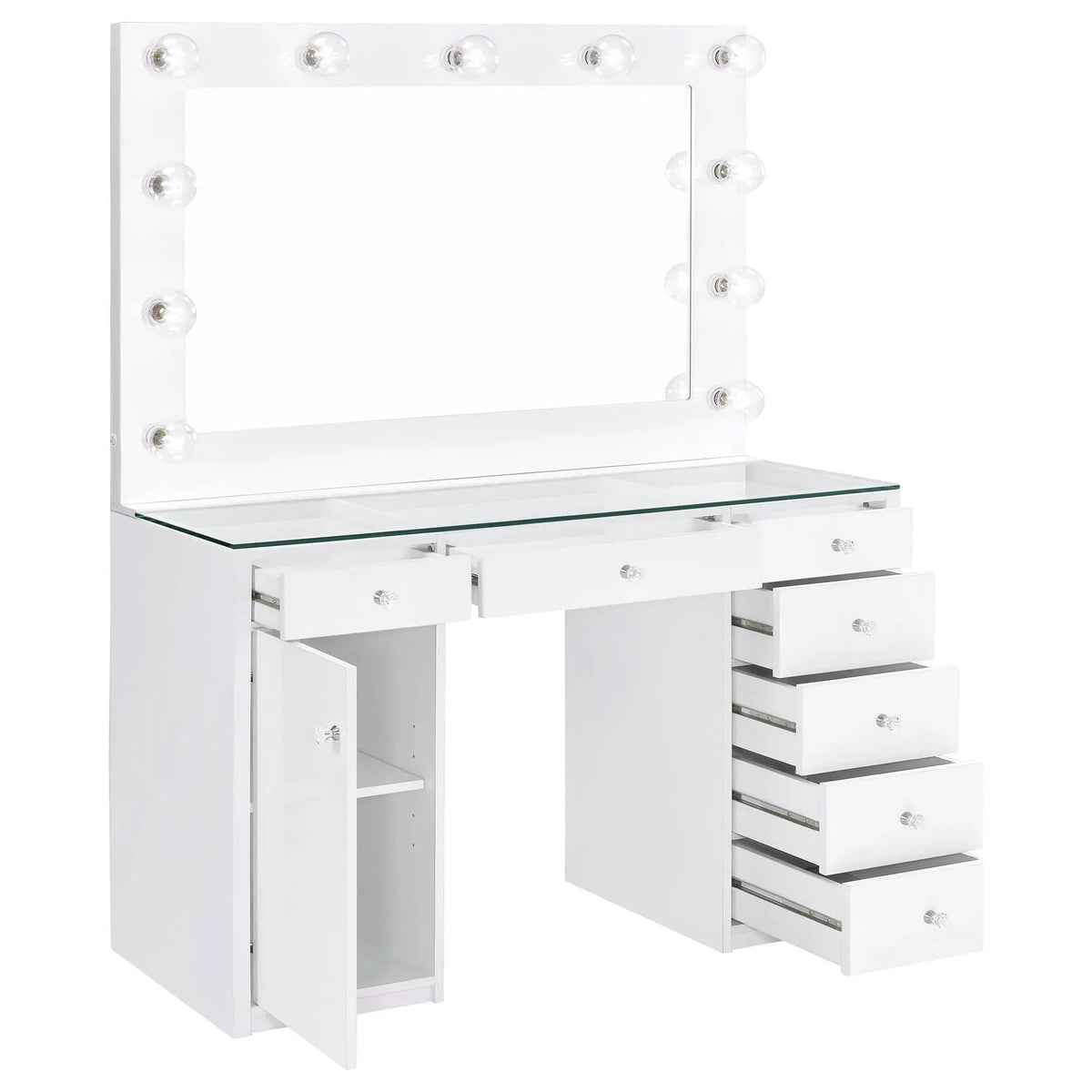 Acena 7-drawer Vanity Set with Lighting White High Gloss | 46.5 x 18.5 x 61.5 in | Tempered Glass & Crystal | Bathroom