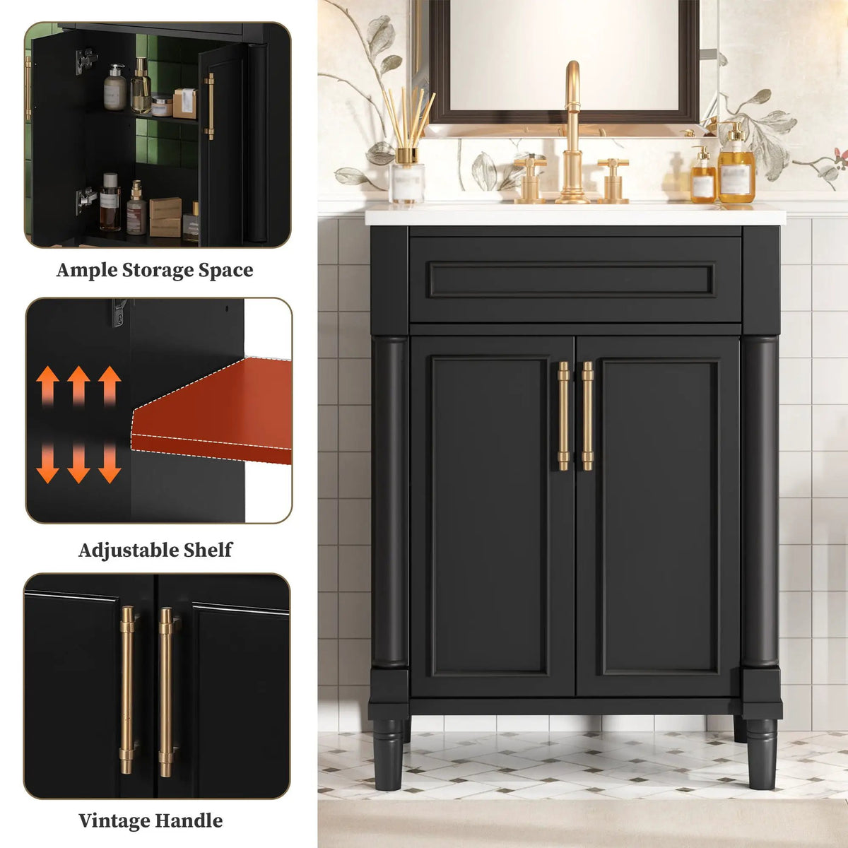 24 Inch Bathroom Vanity | Integrated Sink | 2 Door Cabinet | Small To Medium Bathrooms