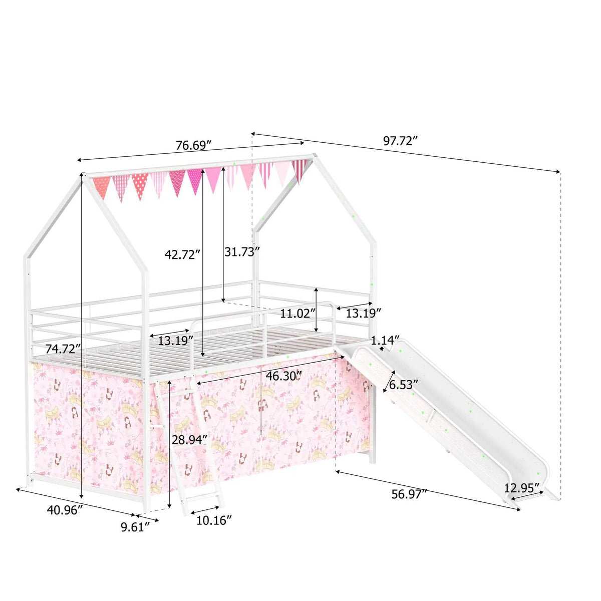 Jack House Loft Bed With Slide And Curtain Set | 5 Pieces | Metal | Bedroom