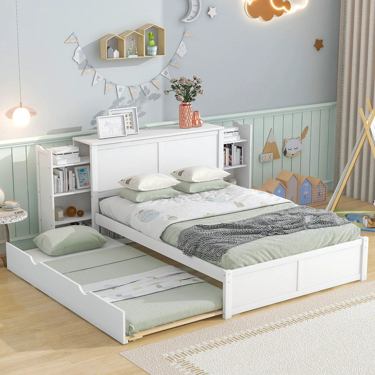 Storage Platform Bed | Solid Pine Wood | Pull Out Shelves | Trundle