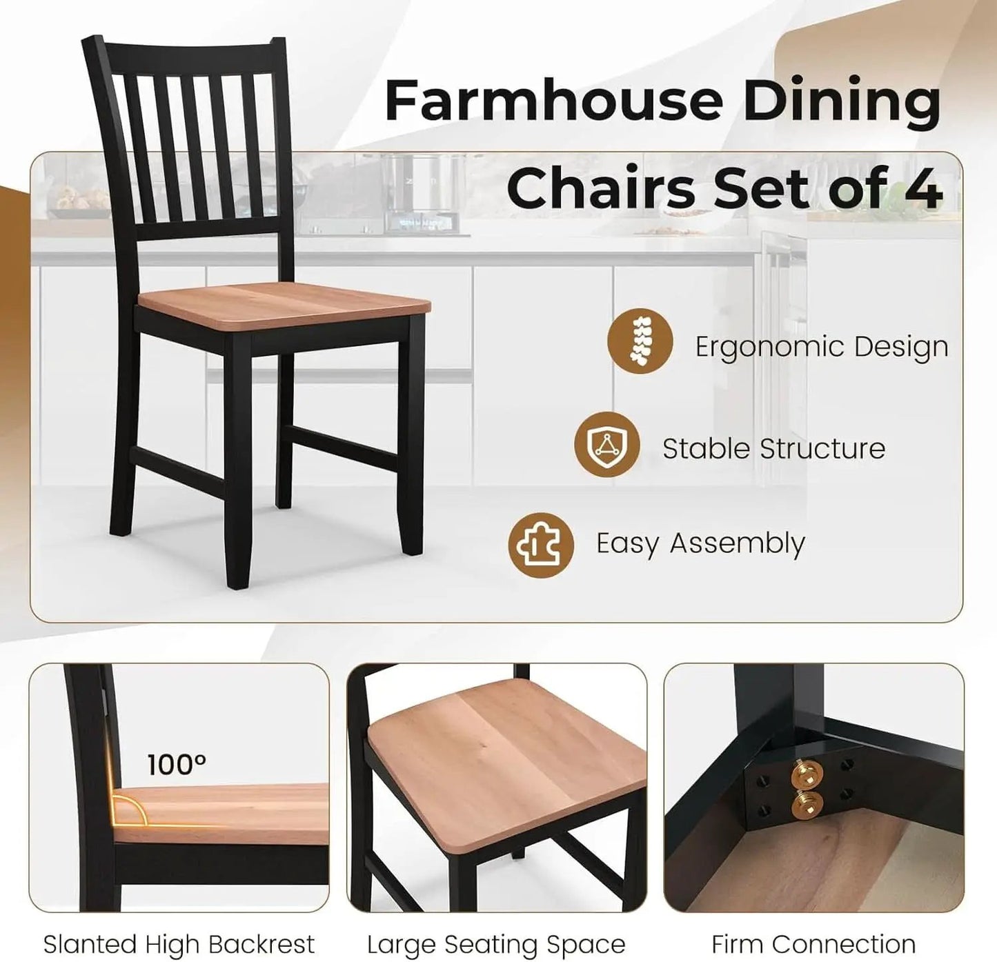 Wooden Dining Chairs Set of Four Black Farmhouse Armless from PriceLows™