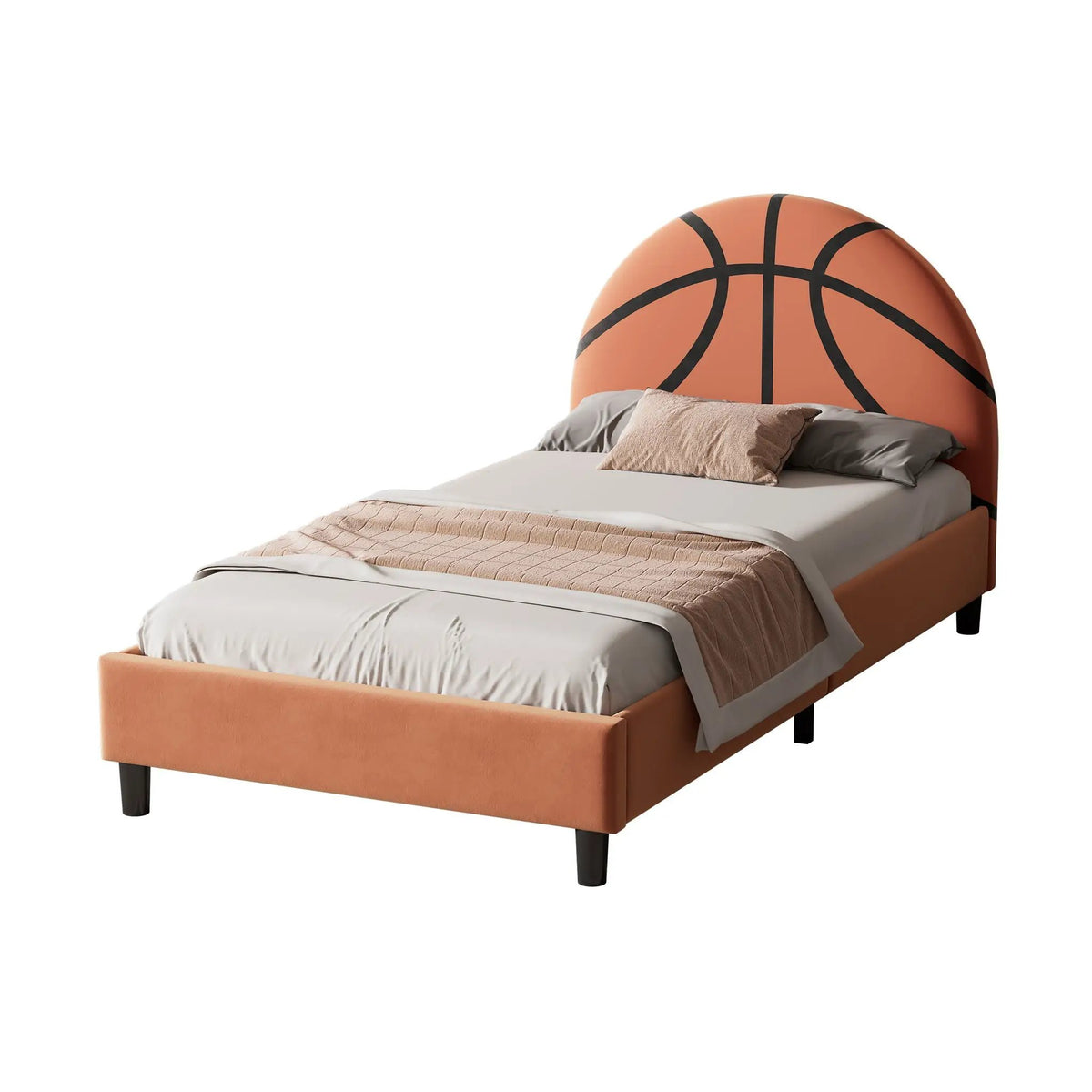 Twin Platform Bed | Basketball Headboard | Orange | Velvet Upholstery