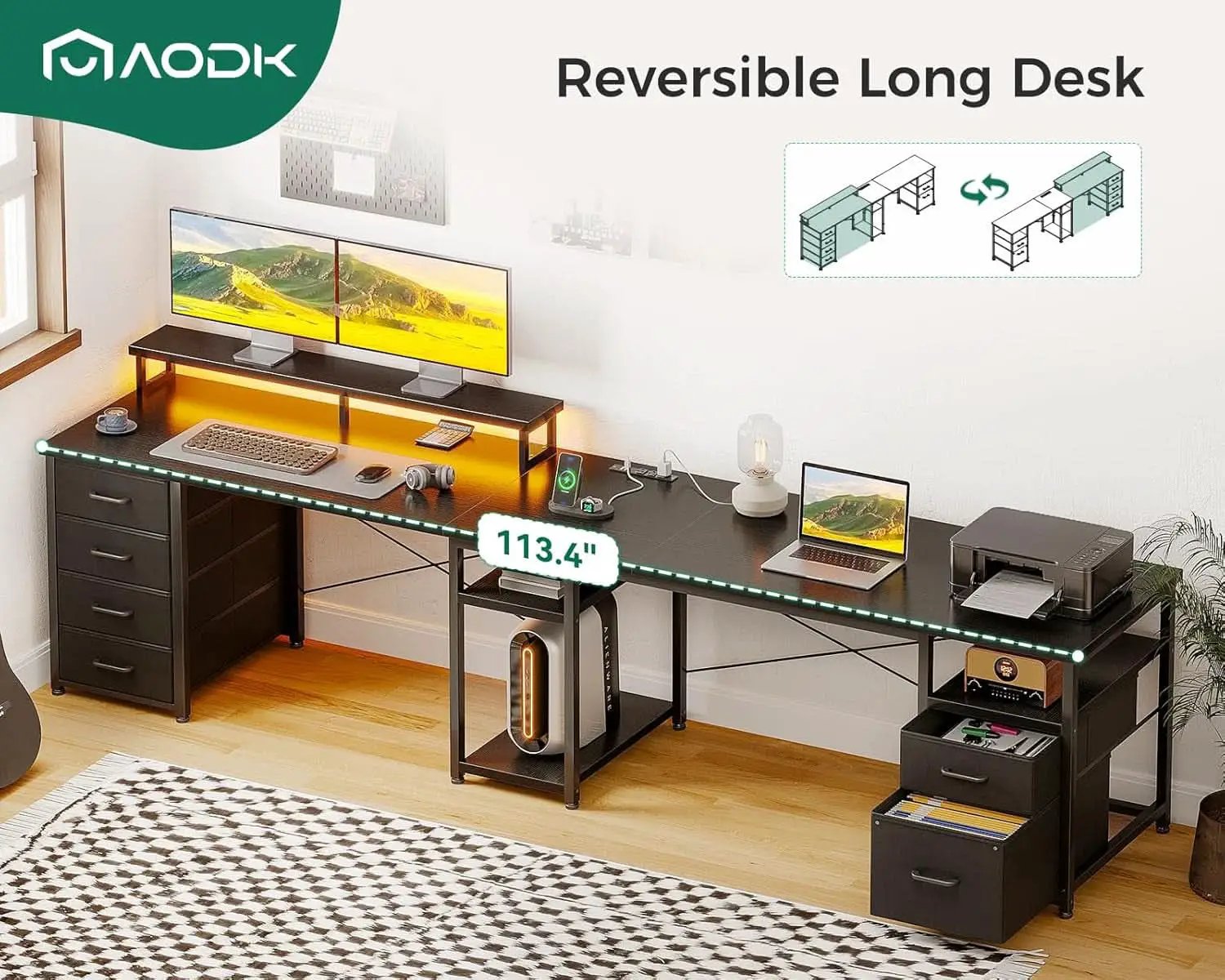66 Inch L Shaped Computer Desk With LED Lights And Power Outlet from PriceLows™
