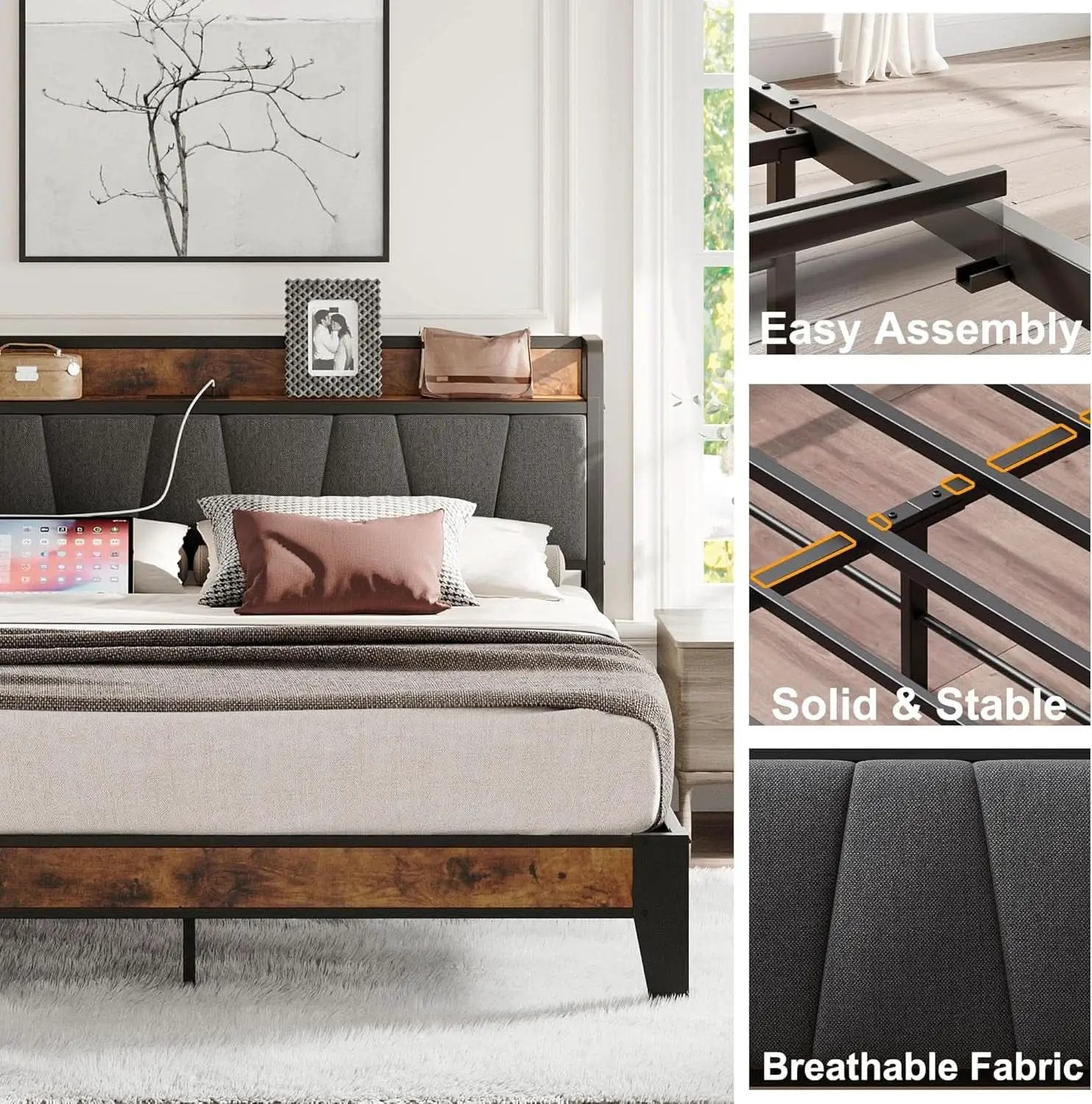 King Size Bed Frame With Storage Headboard And USB Charging Ports from PriceLows™
