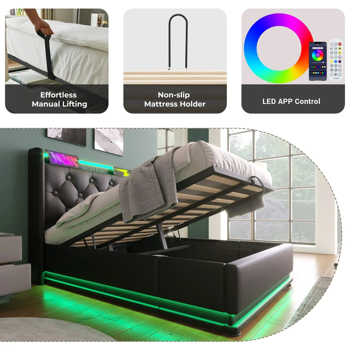 Upholstered Bed, 360 Surround LED Function, Remote Control, Hydraulic Storage Bed | 8 Pieces | Fabric & Iron | Bedroom