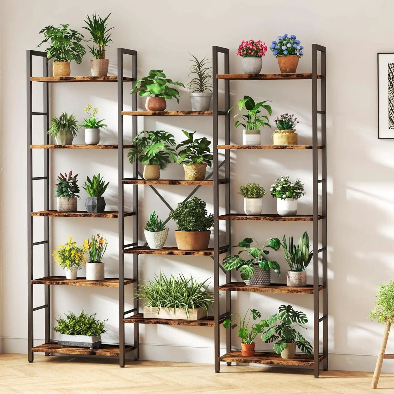 Rustic Brown Large Five Tier Bookshelf With Steel Frame from PriceLows™