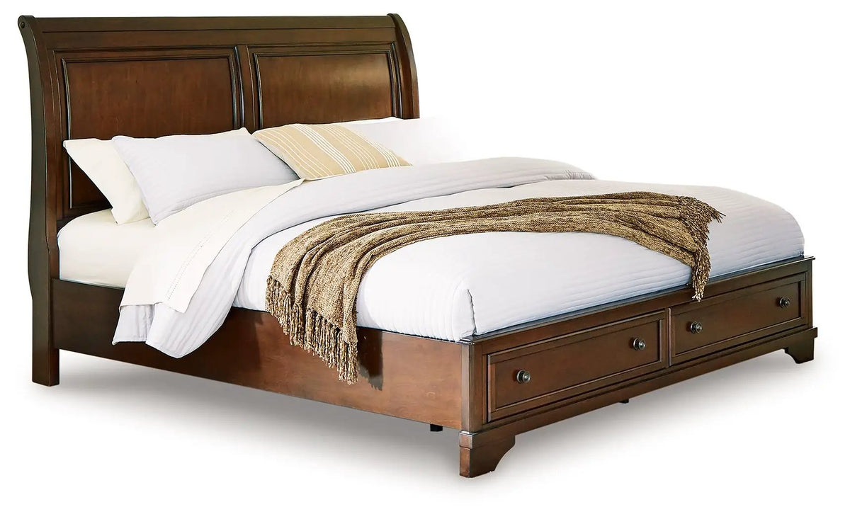 Trellington Queen Sleigh Storage Bed | Brown Finish | Drawer Storage | Panel Headboard