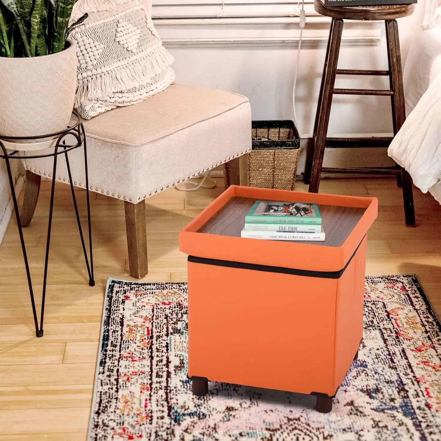 Orange Faux Leather Storage Ottoman With Wooden Tray from PriceLows™