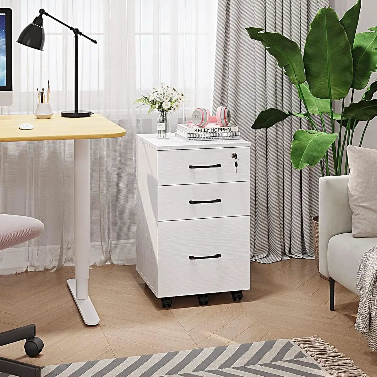 Three Drawer White Wood Mobile File Cabinet Under Desk Storage For Home Office Organization from PriceLows™