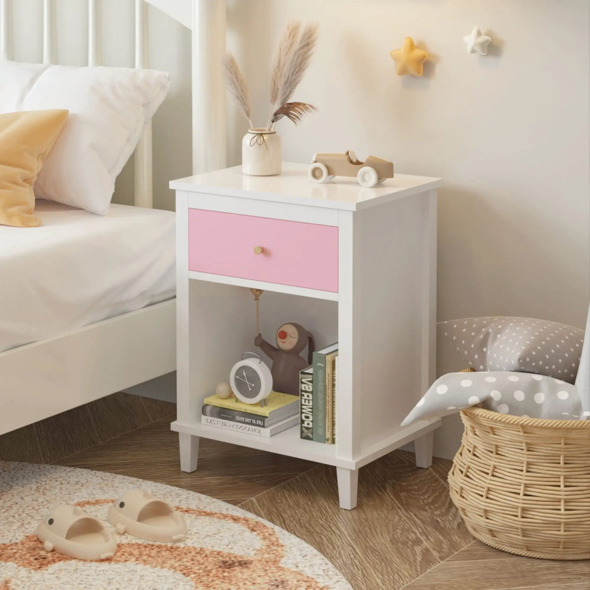 Nightstand With 1 Drawer And 1 Shelf | Aluminum Handles | Tip-Over Restraint | Child-Safe Design