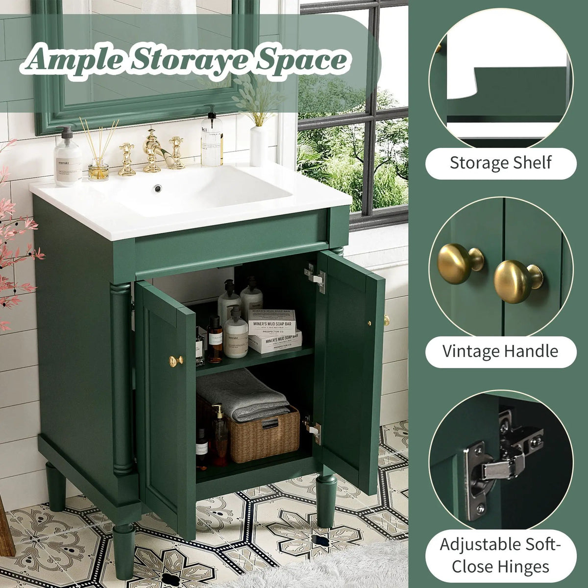 24 Inch Bathroom Vanity With Top Sink | 2 Tier Storage Cabinet | Retro Metal Handles | Soft-Closing Hinges