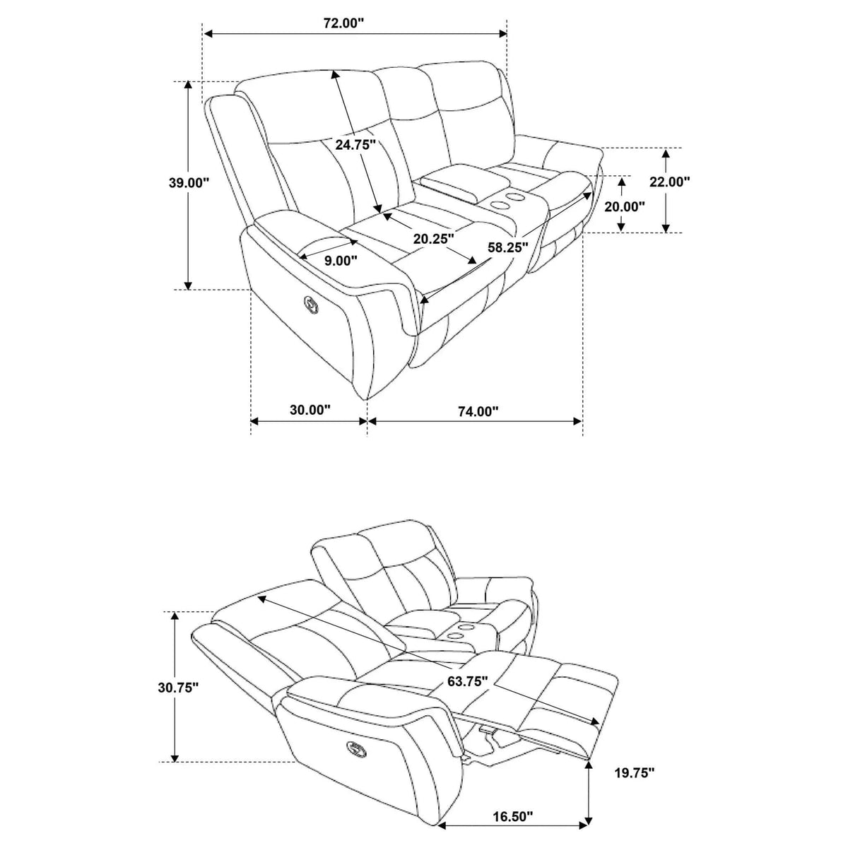 Lawrence Upholstered Padded Arm Reclining Loveseat | 74 x 37.5 x 39 in | Stainless Steel | Charcoal