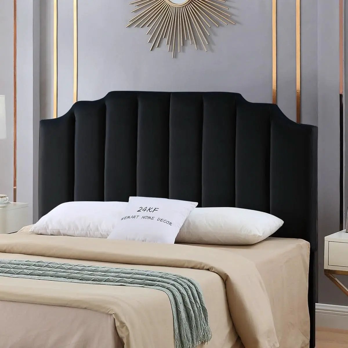 Elegant Black Velvet Tufted Queen Headboard with Curved Design from PriceLows™