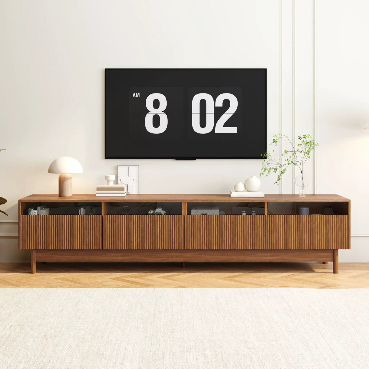 Walnut TV Stand | Fluted Glass Drawers | Entertainment Center | Family-Safe Rounded Corners