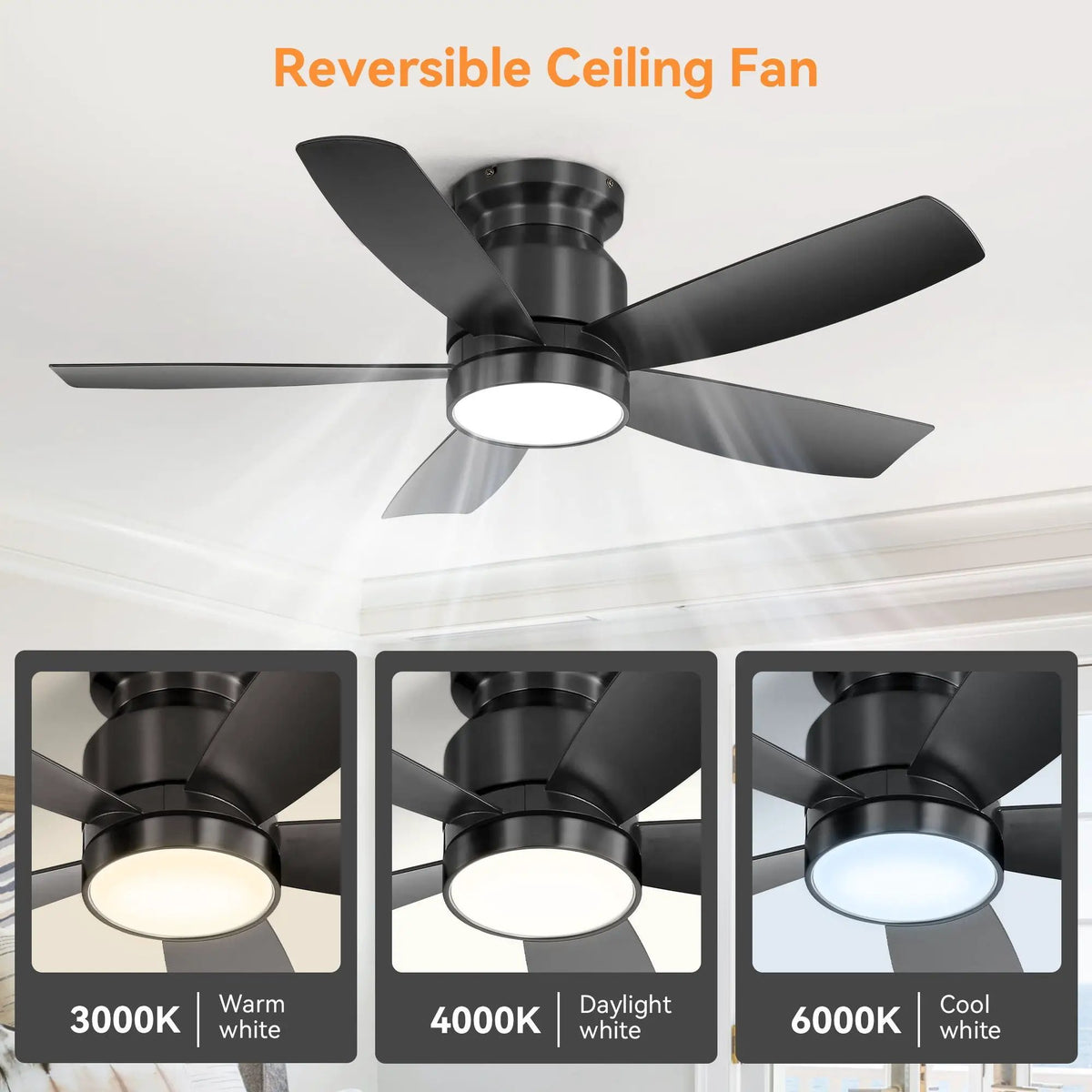 Flush Mount Ceiling Fan | 42 Inch Span | 18W Dimmable LED Light | Black